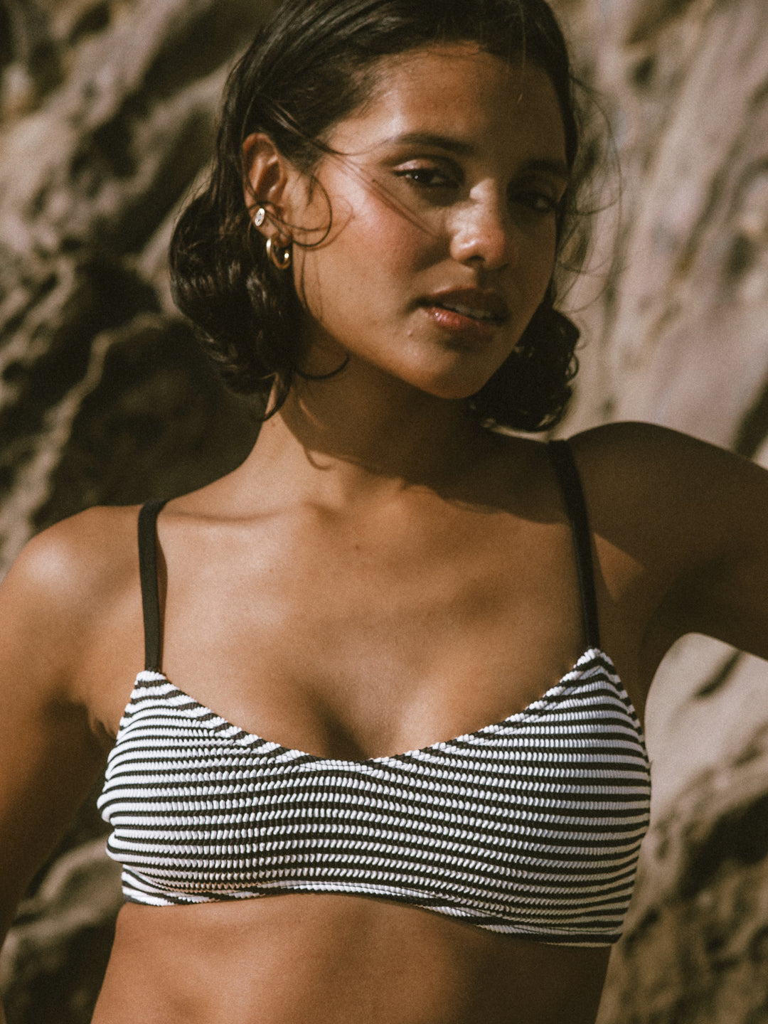 black and white striped swimsuit top