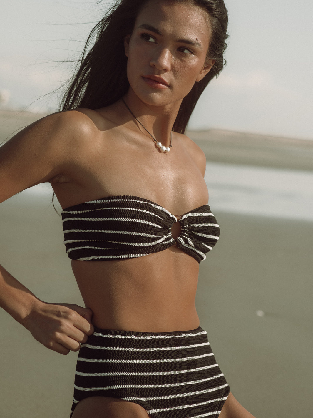 BALBOA O-RING BIKINI TOP - BLACK AND WHITE STRIPED
